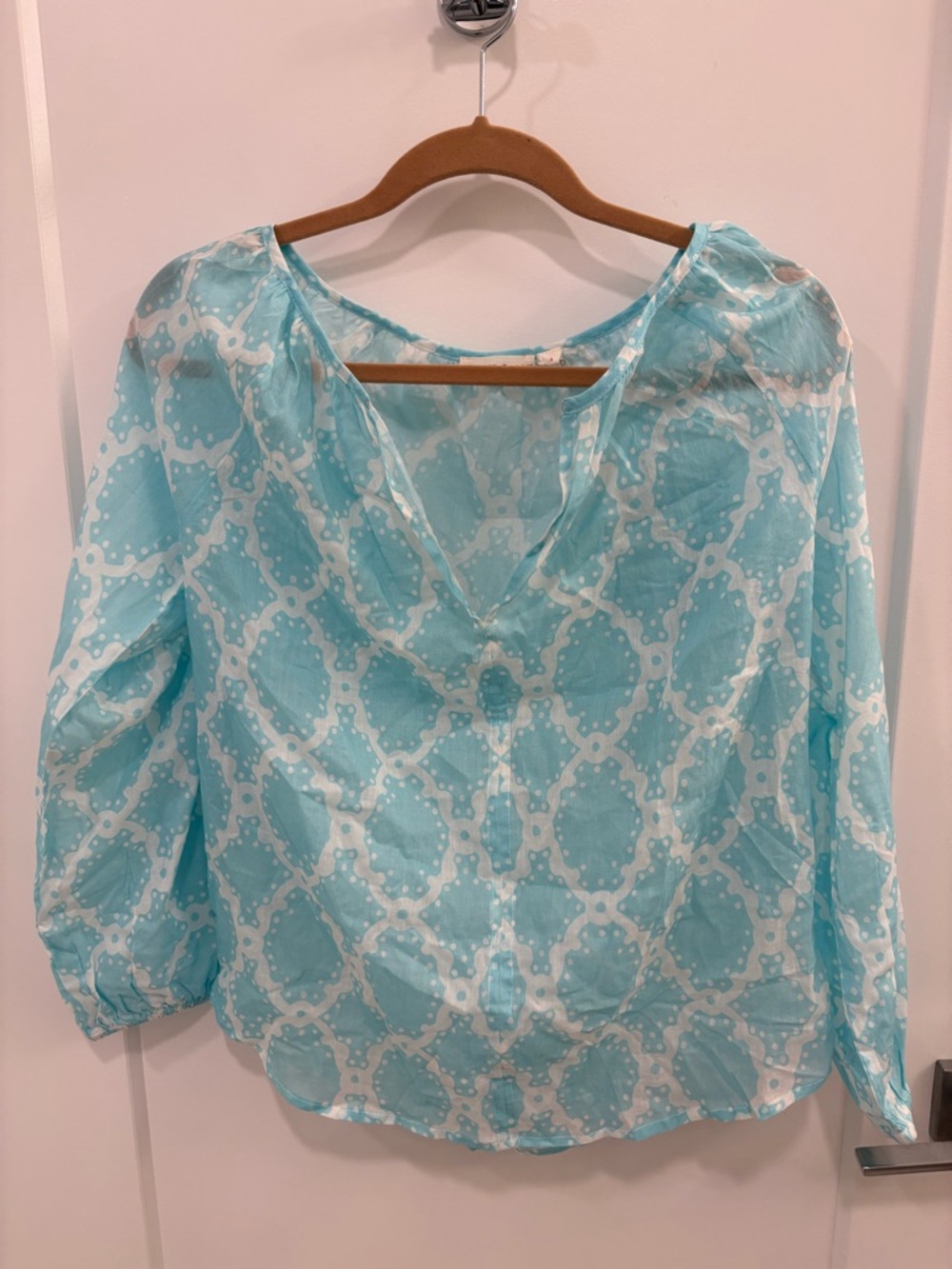Roller Rabbit Blue White Gauzy Peasant Tunic Top Size Small